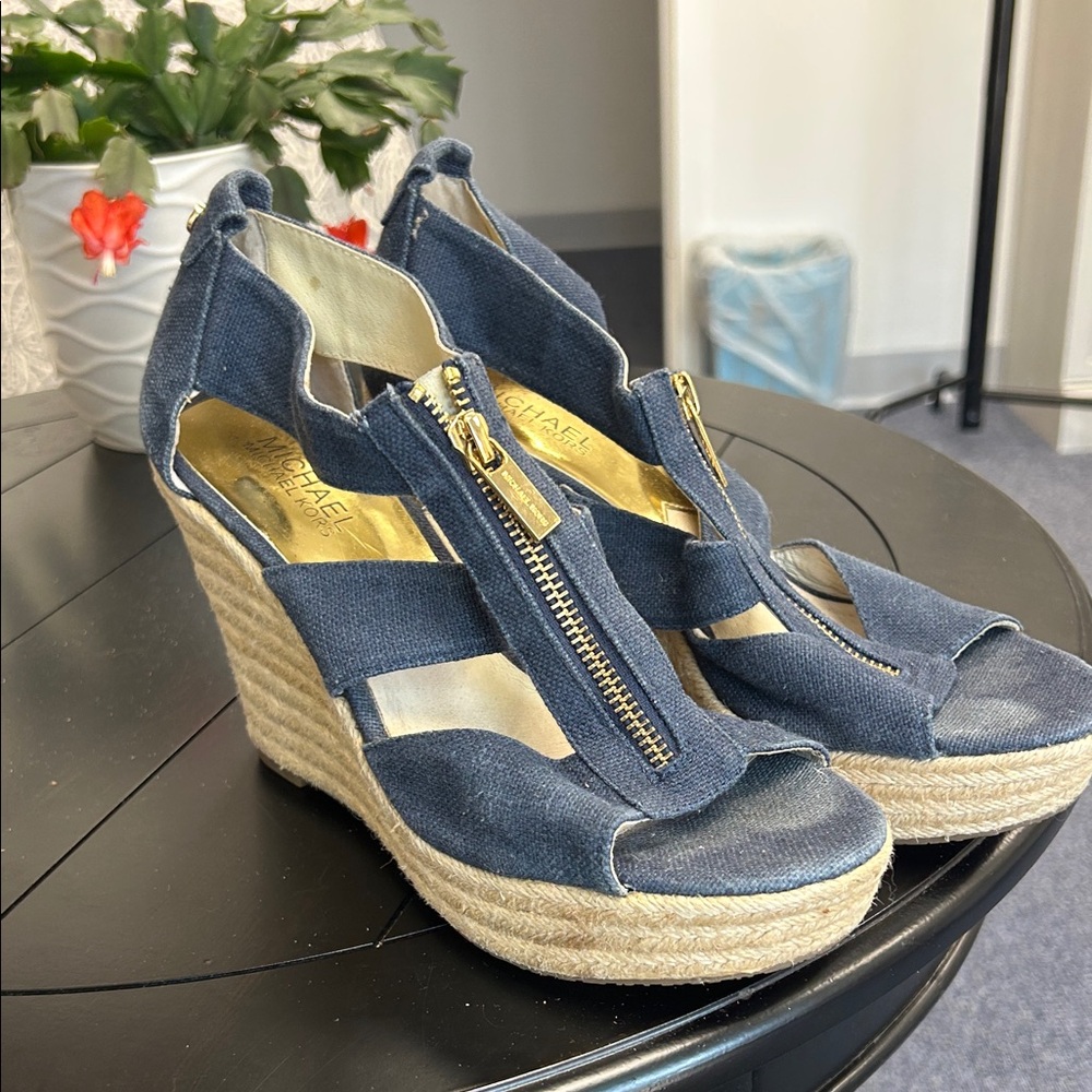 Michael Kors Denim Blue Espadrille Zip Wedge Sandals